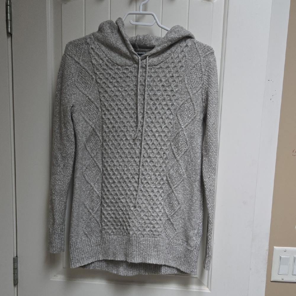 American Eagle Outfitters Cotton Cozy Women's Hoodie Knit Cables Sweater in Gray